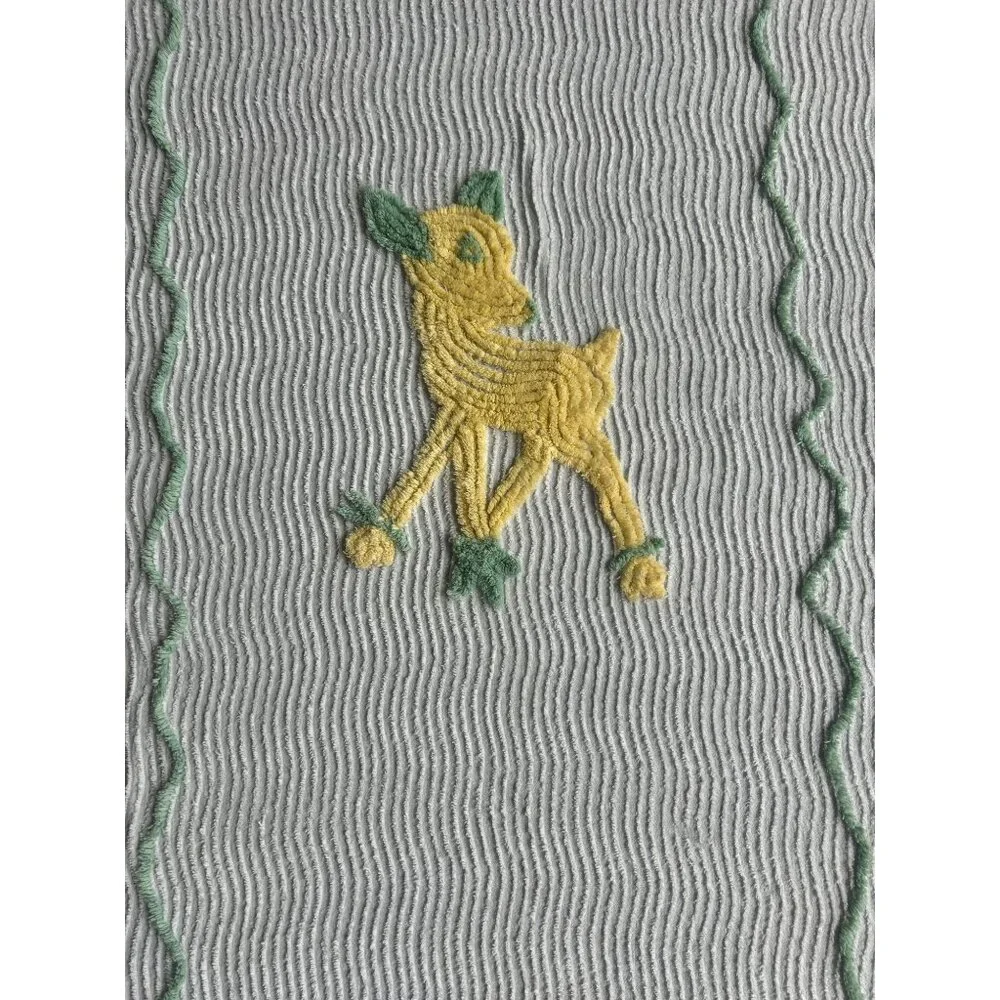 Vintage Chenille Baby Crib Blanket White With Yellow Deer Embroidery Thin Fabric - Picture 2 of 7
